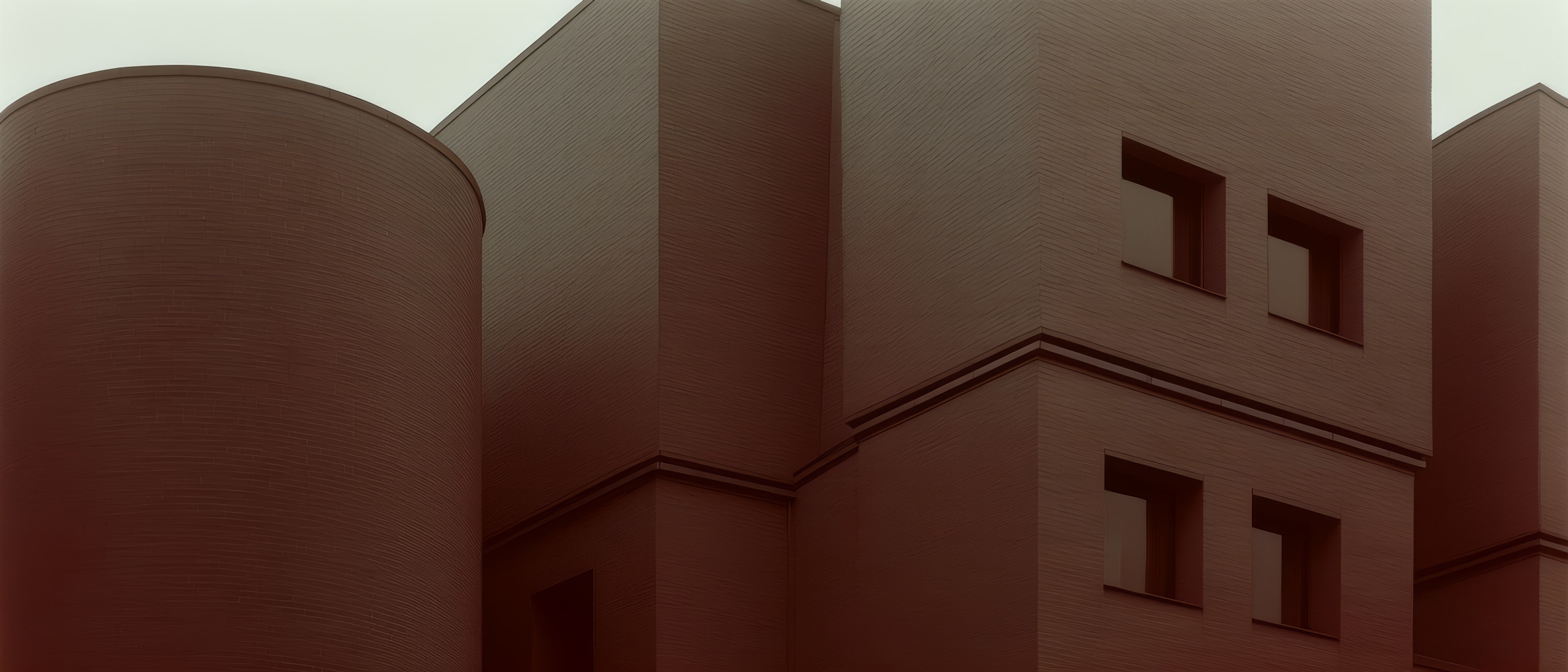 A contemporary residential building in warm brown brick: a rounded tower beside tall stepped volumes with deep-set windows, under a pale overcast sky