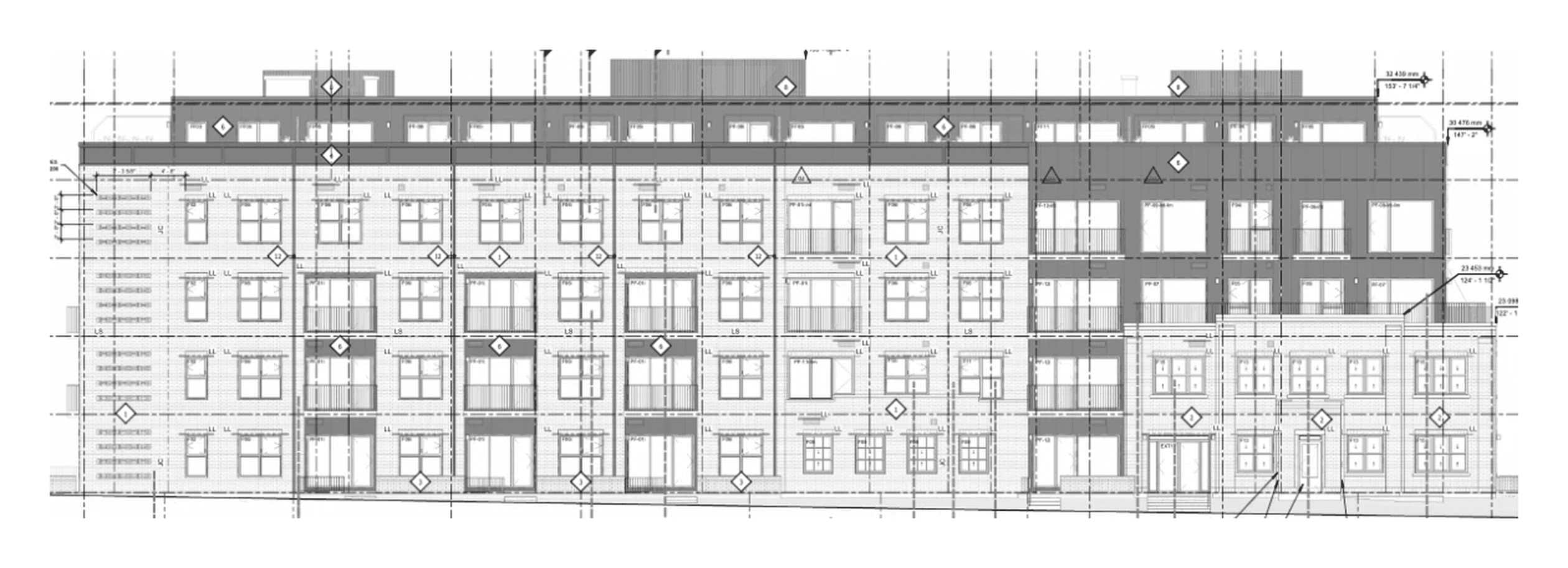 Architectural elevation drawing of a five-storey residential building
