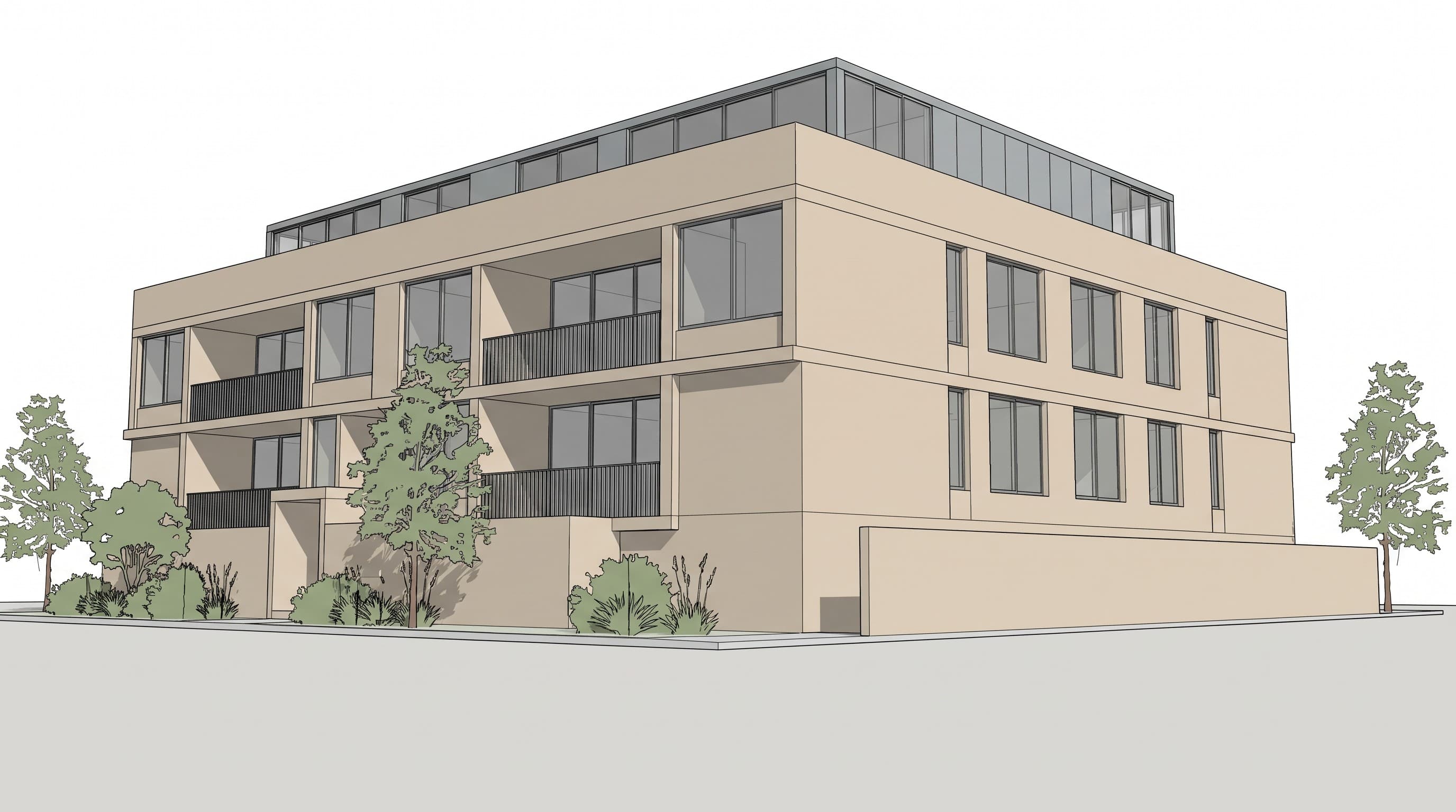 Basic 3D massing render of a three-storey residential building, flat colours and cut-out trees