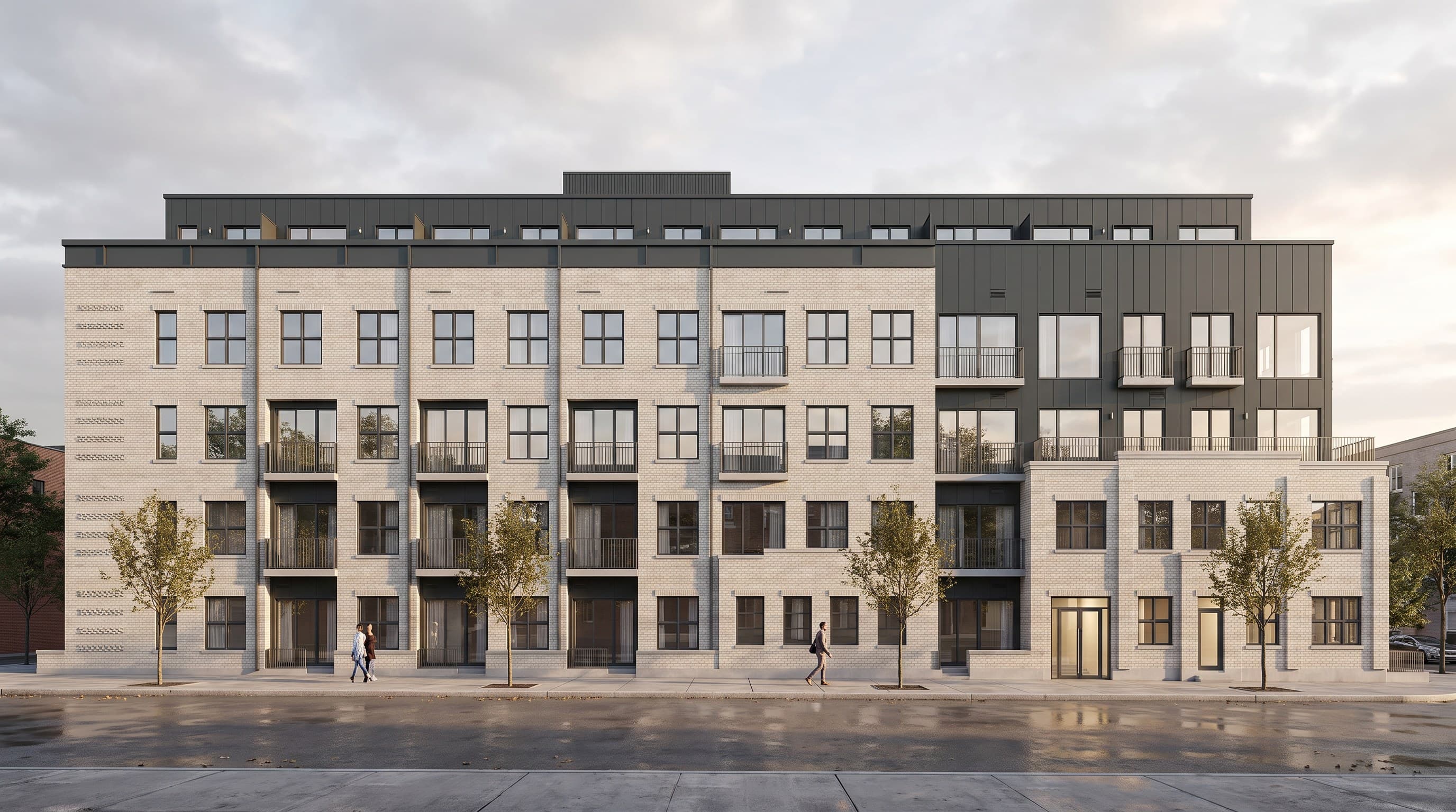 Photorealistic render of the same building from the street, pale brick and dark metal top floor