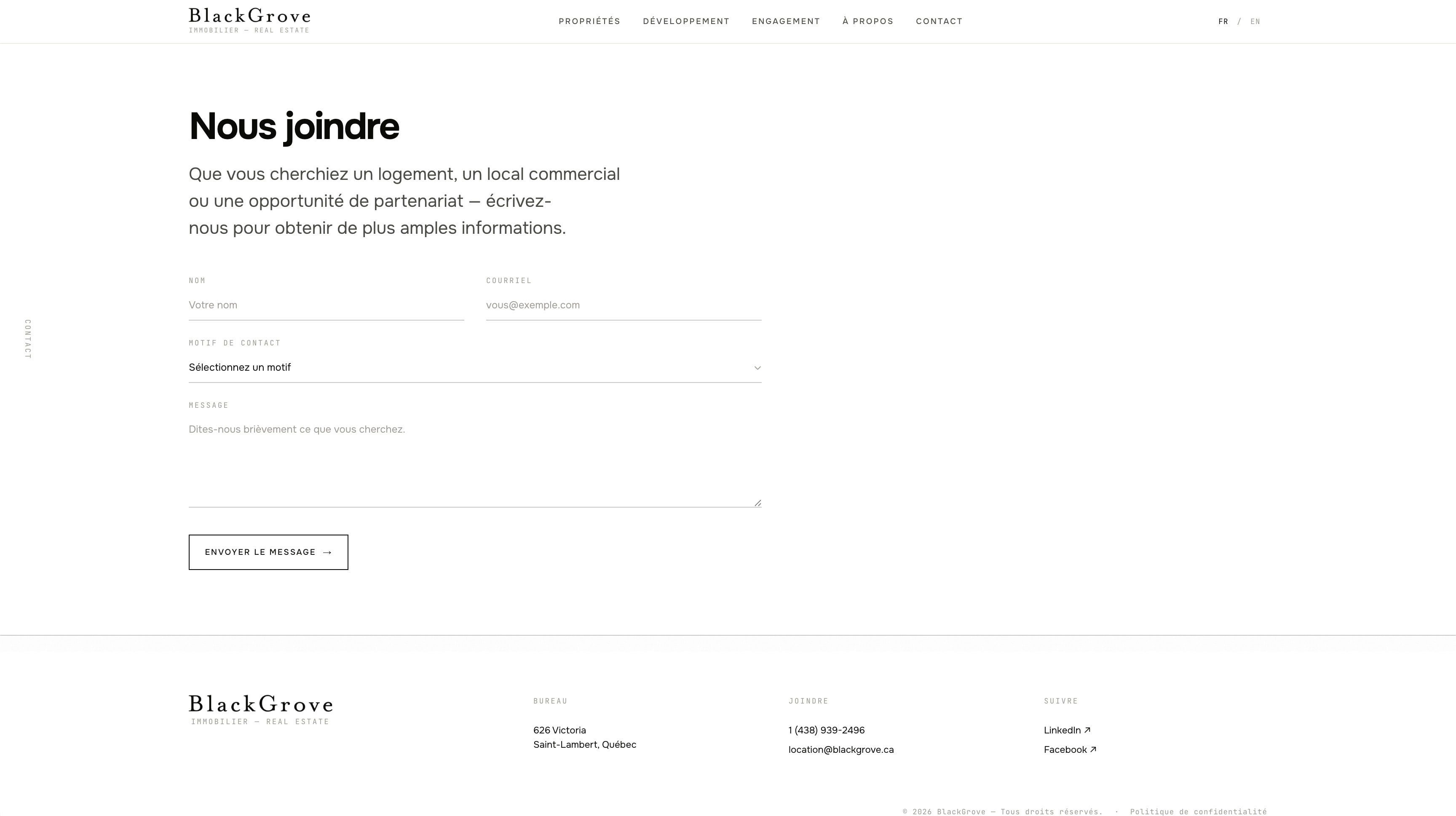 Page de contact du site BlackGrove