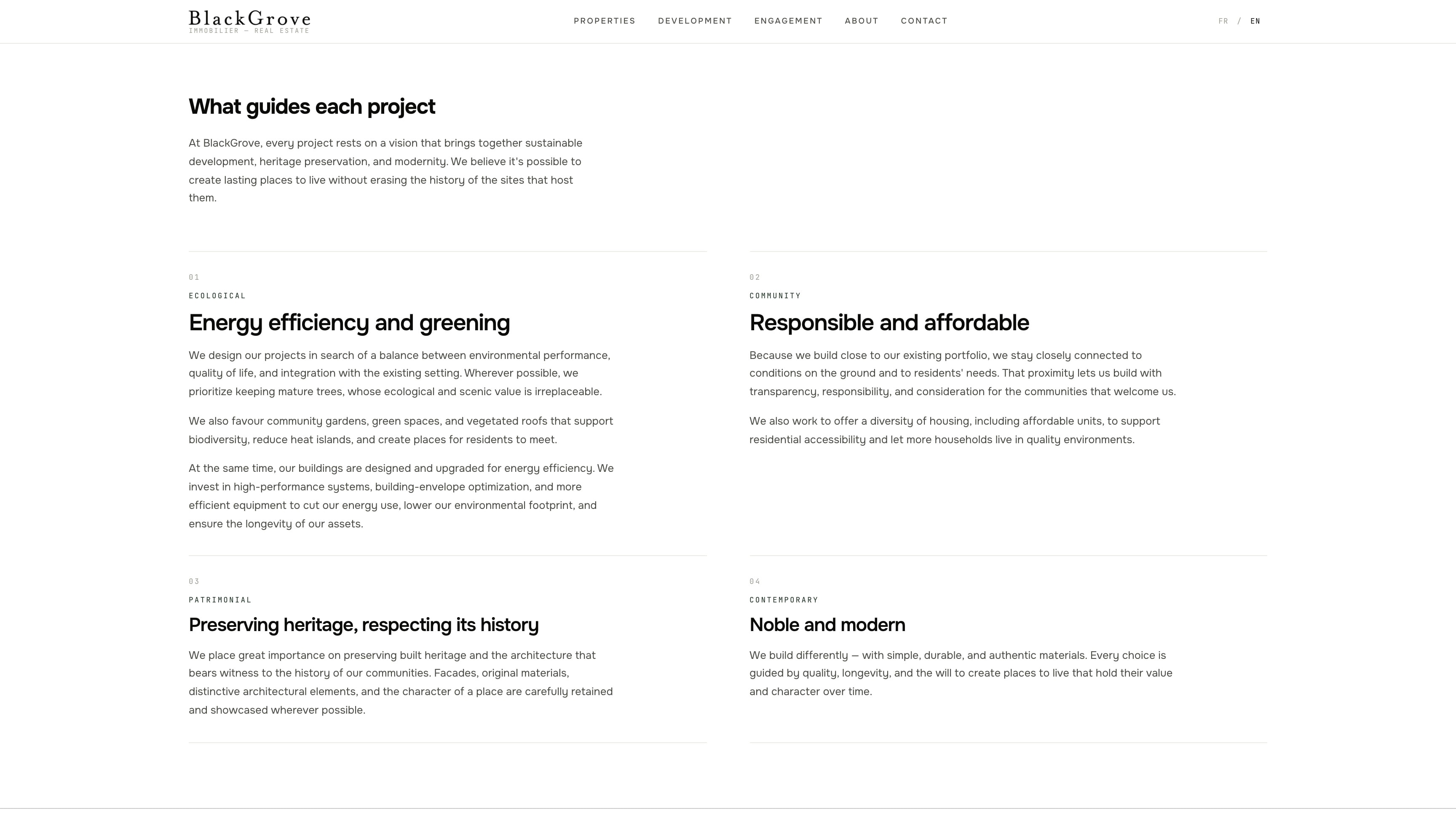 Development principles page of the BlackGrove site