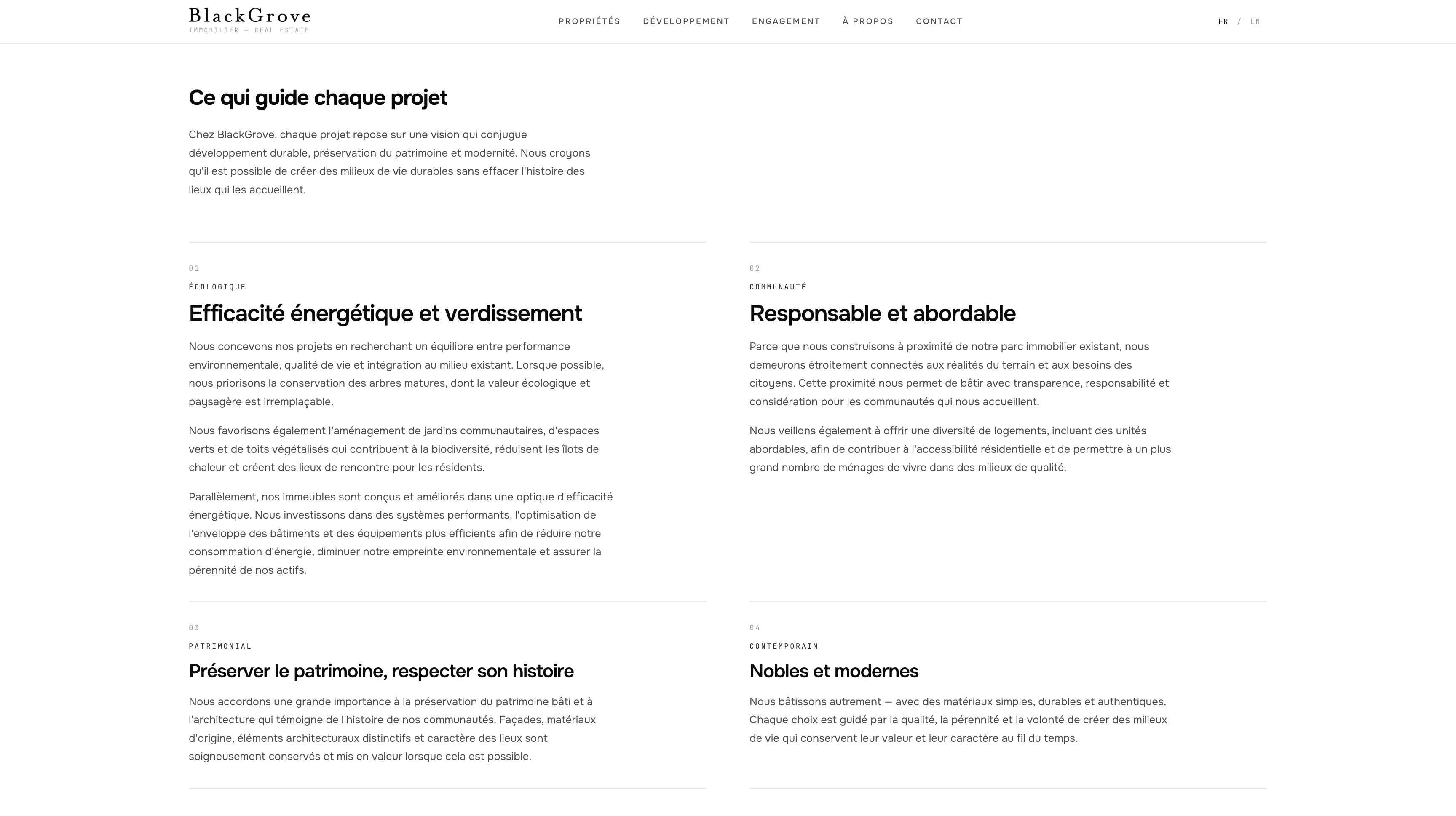 Page des principes de développement du site BlackGrove